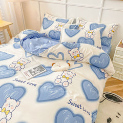 JazzHer Cute Bear Bedding Set Girls Boys Kids Single Double Size Flat Sheet Duvet Cover Pillowcase Bed Linens White Blue Home Textile