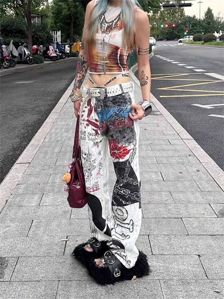 christmas outfit JazzHer Women's White Baggy Graffiti Print Jeans Harajuku Denim Trousers Japanese 2000s Style Y2k Vintage Jean Pants Emo Trashy Clothes