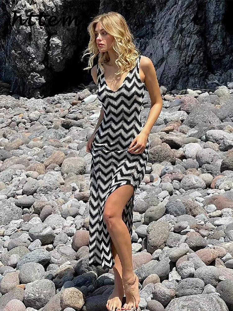 JazzHer Casual Knit Striped Long Dress Women O-neck Sleeveless Backless Split Beach Dresses 2024 Summer Lady Hollow Out Holiday Robe New