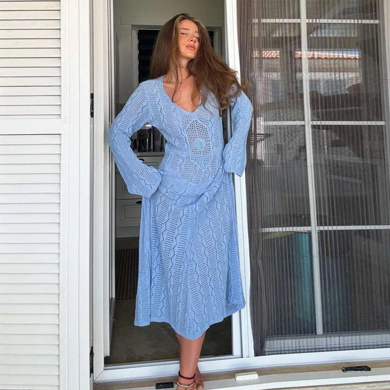 JazzHer Elegant Knit Hollow Out Long Dress Women Loose V-neck Full Sleeves See Through Beach Female Dresses 2024 Summer Lady Beach Robes