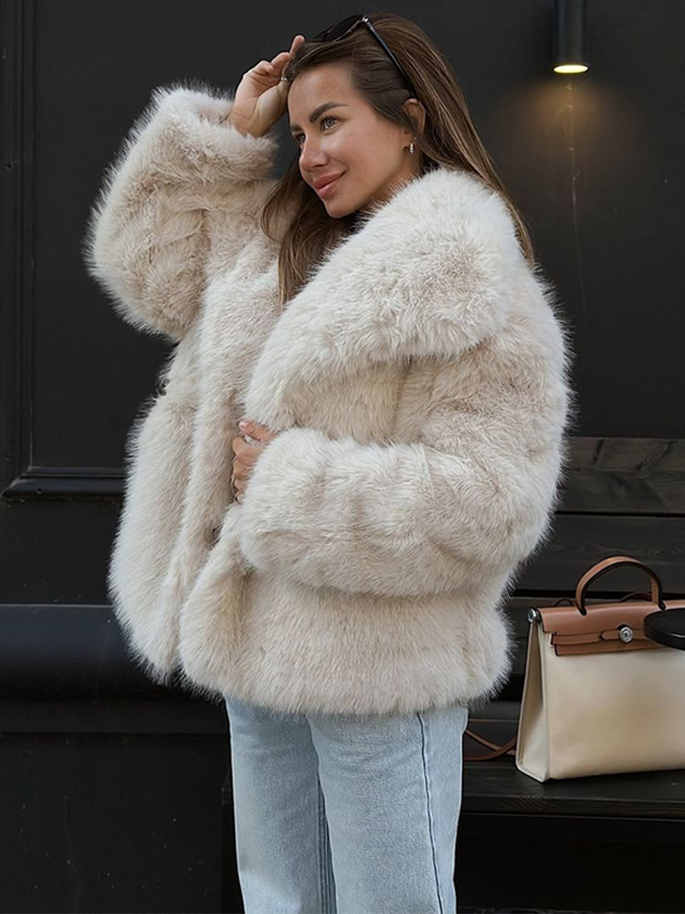 thanksgiving outfit JazzHer Elegant Faux Fur Coat Women Fluffy Lapel Long Sleeve Pockets Thick Overcoat Female 2024 Autumn Winter Chic Street Outwear Lady