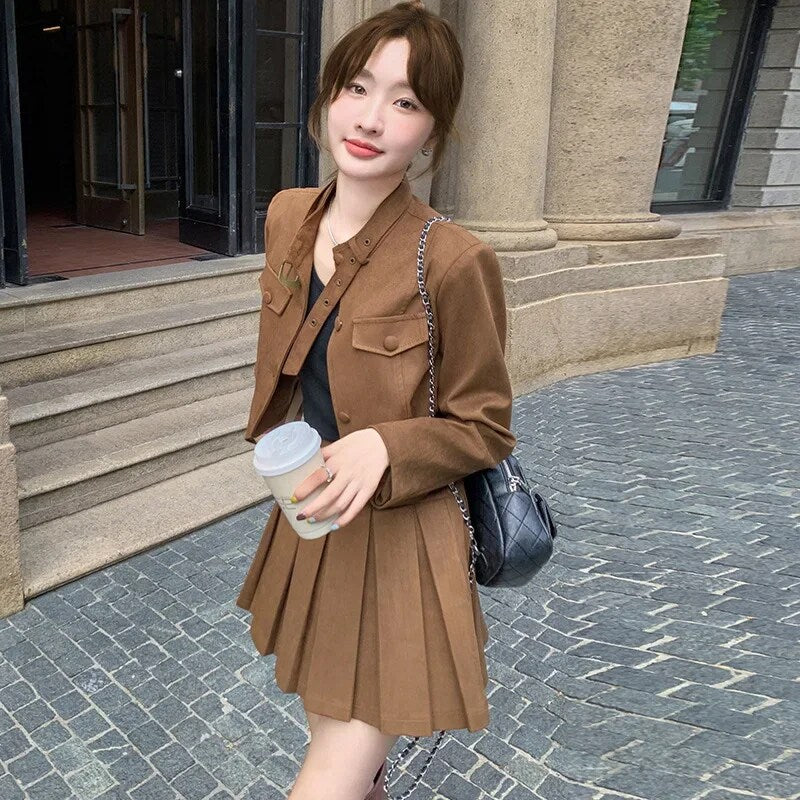 cold weather outfits JazzHer Maillardchamois Leather Vintage Korean Style Cropped Mini Dress 2024 Autumn New Arrival Women's Top Jacket Suit