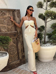 JazzHer Women's Halter Maxi Dress Knitted Hollow Out Tassel Backless Beach Dresses 2025 Sumeer Spring New Slim Vacation Party Robes