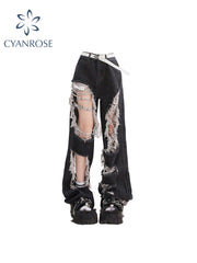 christmas outfit JazzHer 2025 Black Jeans Pants Y2k Baggy Streetwear High Waist Ripped Jeans Harajuku Casual Denim Wide Leg Pants Fashion Trousers Summer