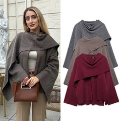 JazzHer Elegant Women Loose Cape Solid Long Sleeve Coats New Fashion Female With Scarf Warm Jackets Autumn Winter Lady Commuting Coats