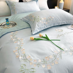 JazzHer New High-End Simple and Light Luxury Skin-Friendly Cotton Four-Piece Set Simple Embroidery Bedding Lily