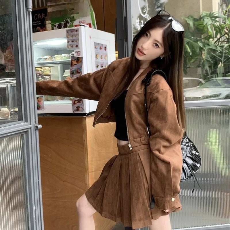 cold weather outfits JazzHer 2024 Autumn New Sensibility Maillard Brown Vintage Leather Jacket With Pleated Skirt Set Women Fashion Dress Set