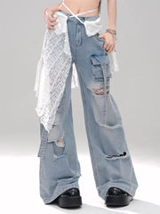 christmas outfit JazzHer Women Light Blue Y2k Baggy Ripped Jeans Harajuku Aesthetic Japanese 2000s Style Denim Trousers Vintage Jean Pants Trashy Clothes