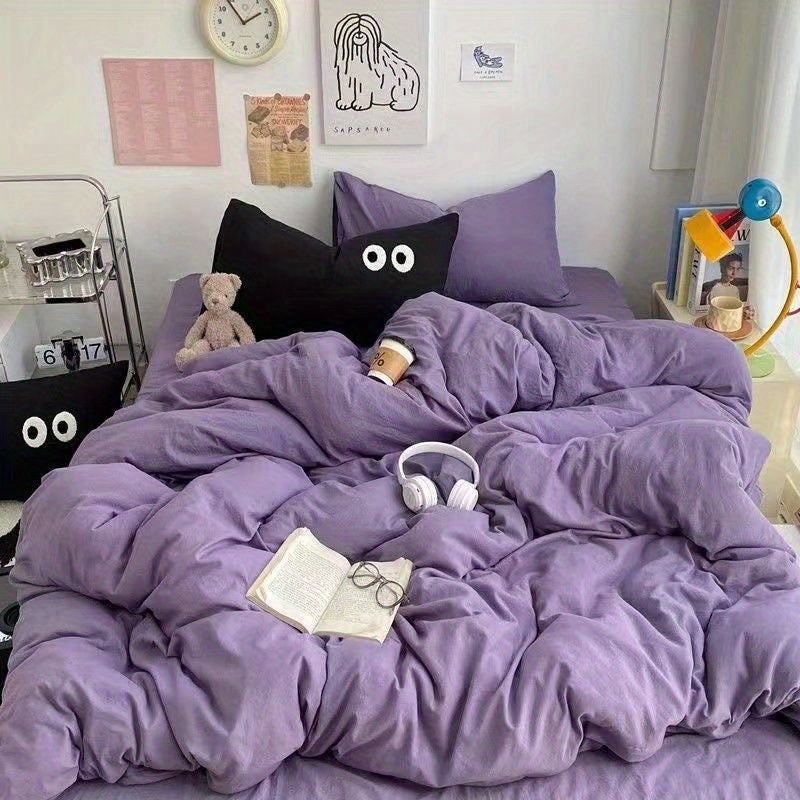 JazzHer Cute Duvet Cover Set with Sheet Pillowcase No Filler Warm Solid Color Bed Linen Full Queen Size Korean Big Eyes Home Bedding Set