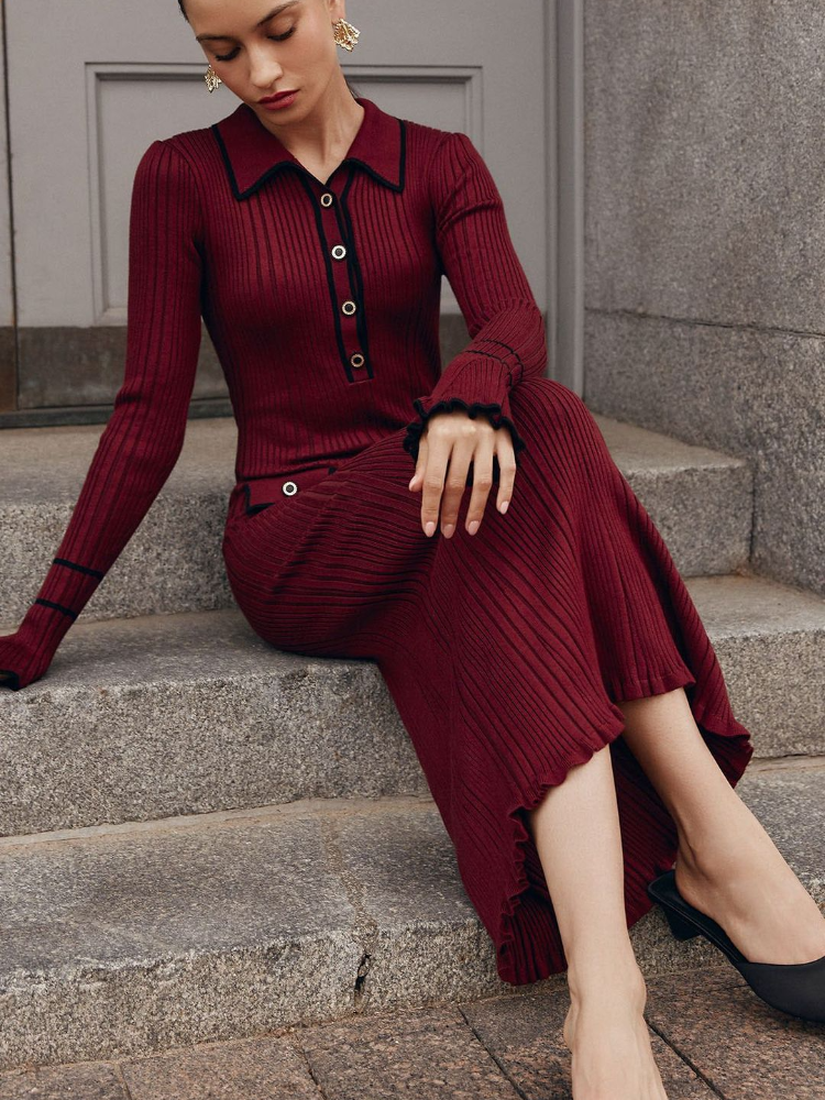 JazzHer 2025 Fashion Burgundy Lapel Ruffles Knitted Midi Dress Women's Elegant Skinny Buttons Flare Sleeved Robe New Female Chic Vestido