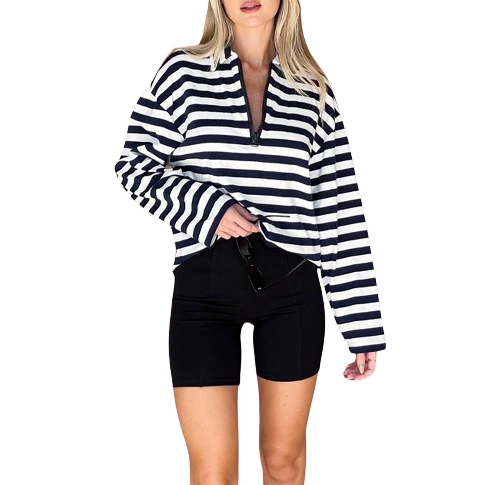 thanksgiving outfit JazzHer Women's Striped Sweatshirt Contrast Color Long Sleeve Lapel Neck Zip-up Casual T-Shirt