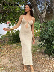 JazzHer Sexy Knitted Hollow Out Sling Long Dress Women Slim V-Neck Sleeveless Backless Female Party Dresses 2024 Summer Lady Beach Robes