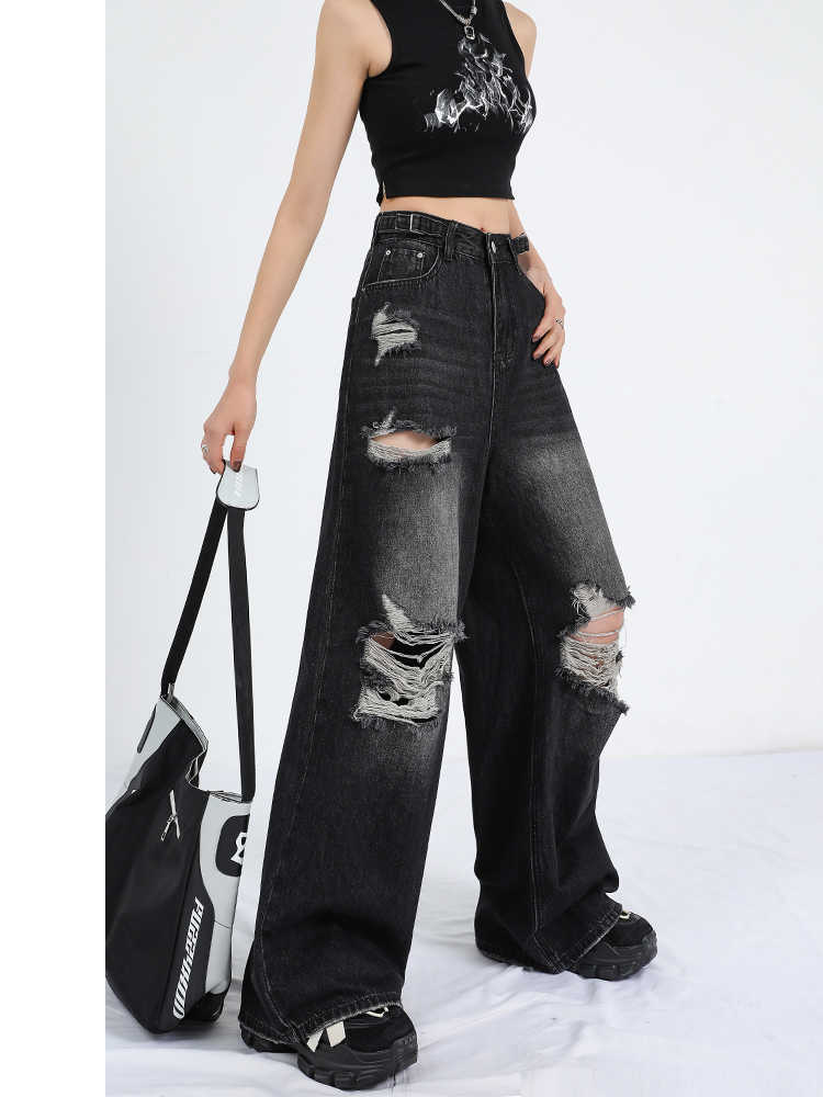 christmas outfit JazzHer Women's Y2k Baggy Ripped Jeans Japanese 2000s Style Black Gothic Denim Trousers Harajuku Vintage Jean Pants Emo Trashy Clothes