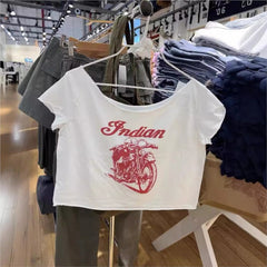 JazzHer New Red Motorcycle Letter Slim Women T-shirts Slash Neck Short Sleeve White Tees Summer Edge Curl Streetwear Y2K Top Woman 2025