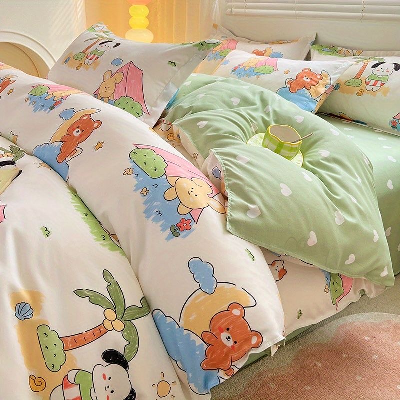 JazzHer Cute Rabbit Carrot Bedding Set Soft Green Flat Sheet Quilt Cover Pillowcase Bed Linen Twin Queen Full Size Floral Duvet Cover