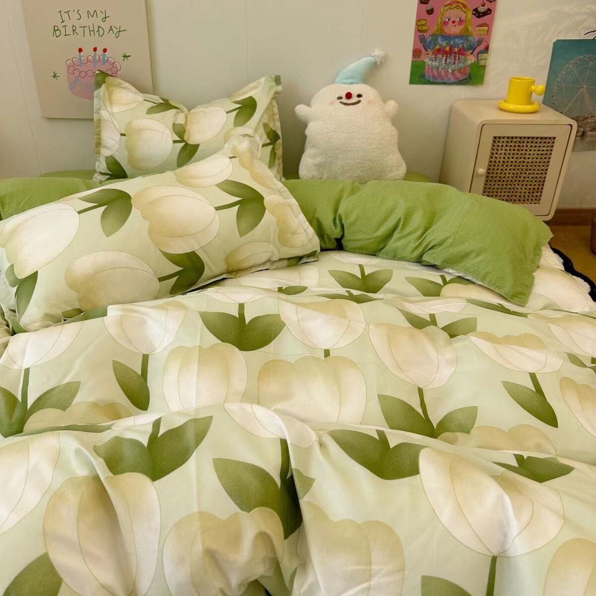 JazzHer Korean Style Duvet Cover Set No Filler Fashion Floral Ins Twin Double Queen Size Boys Girls Flat Sheet Pillowcases Bedding Linen