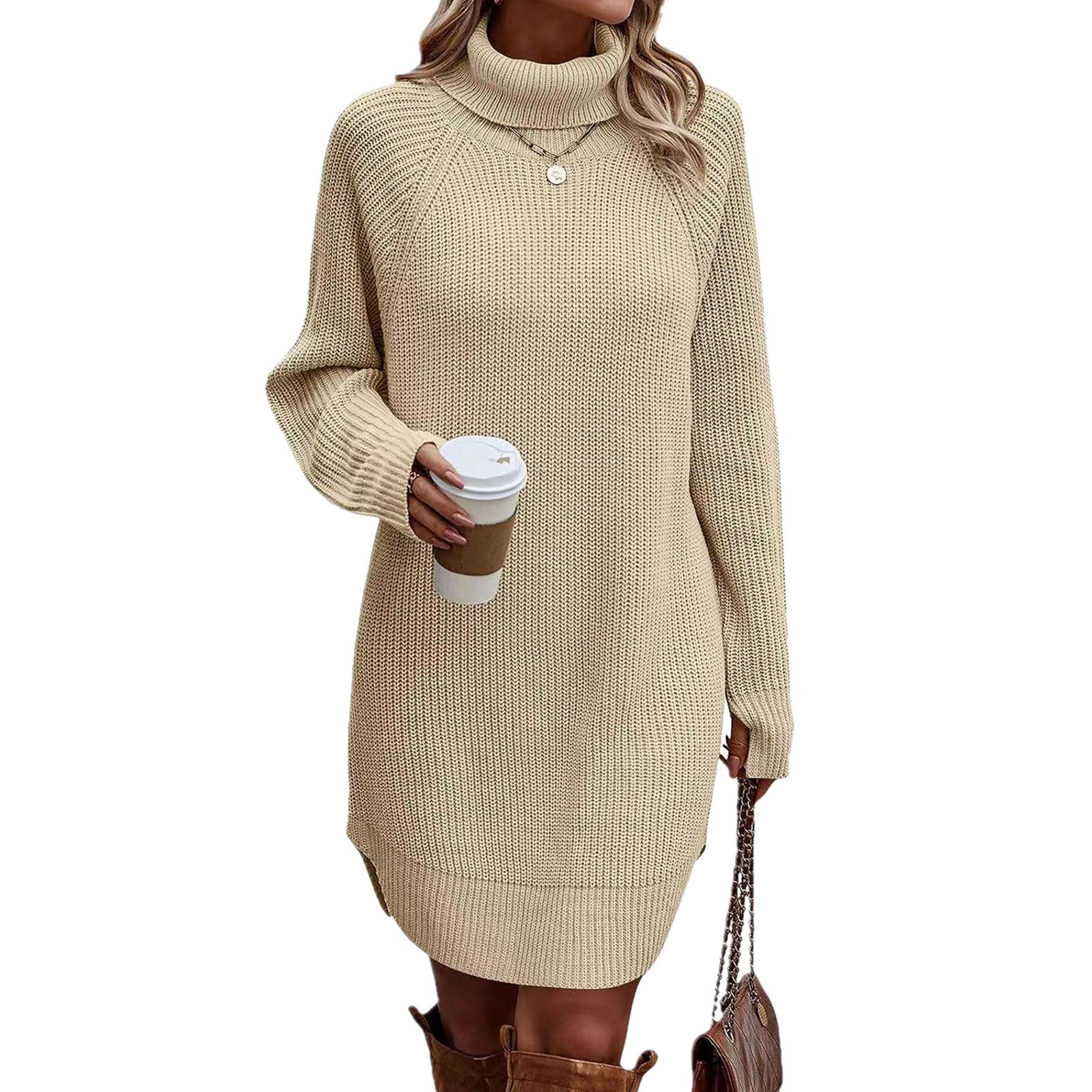 thanksgiving outfit JazzHer Women s Fall Mini Dress Long Sleeve Turtleneck Solid Color Knitted Dress Casual Sweater Dress