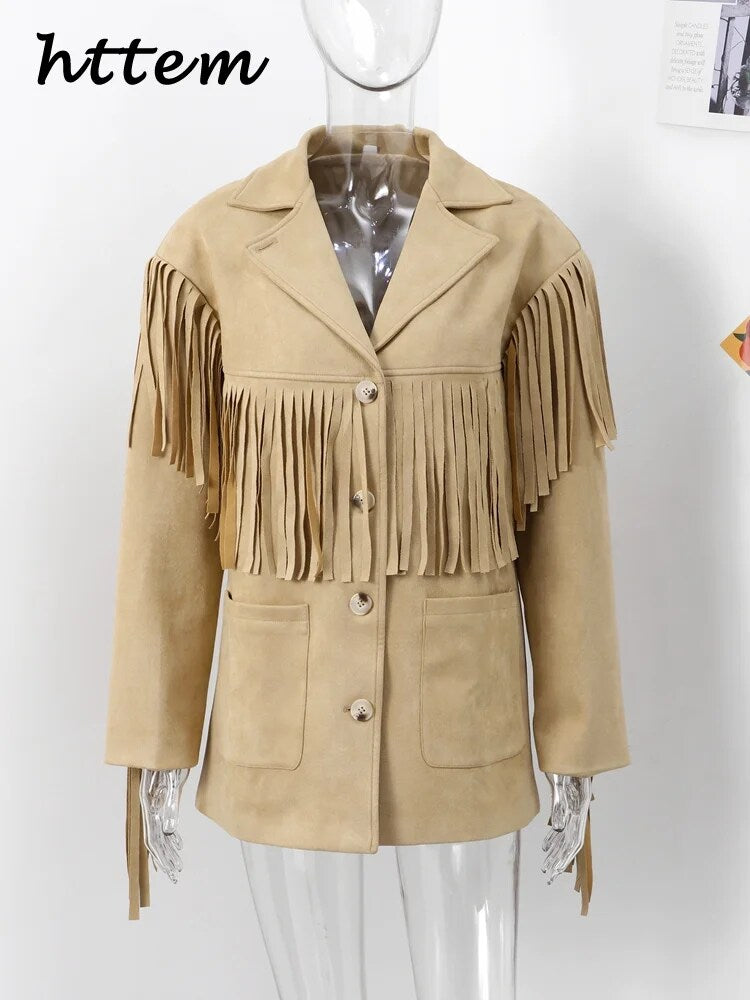 JazzHer Fashion Women's Fringe Suede Jackets Loose Notched Collar Single Breasted Long Sleeve Jackets 2024 Autumn Lady Vintage Outwear