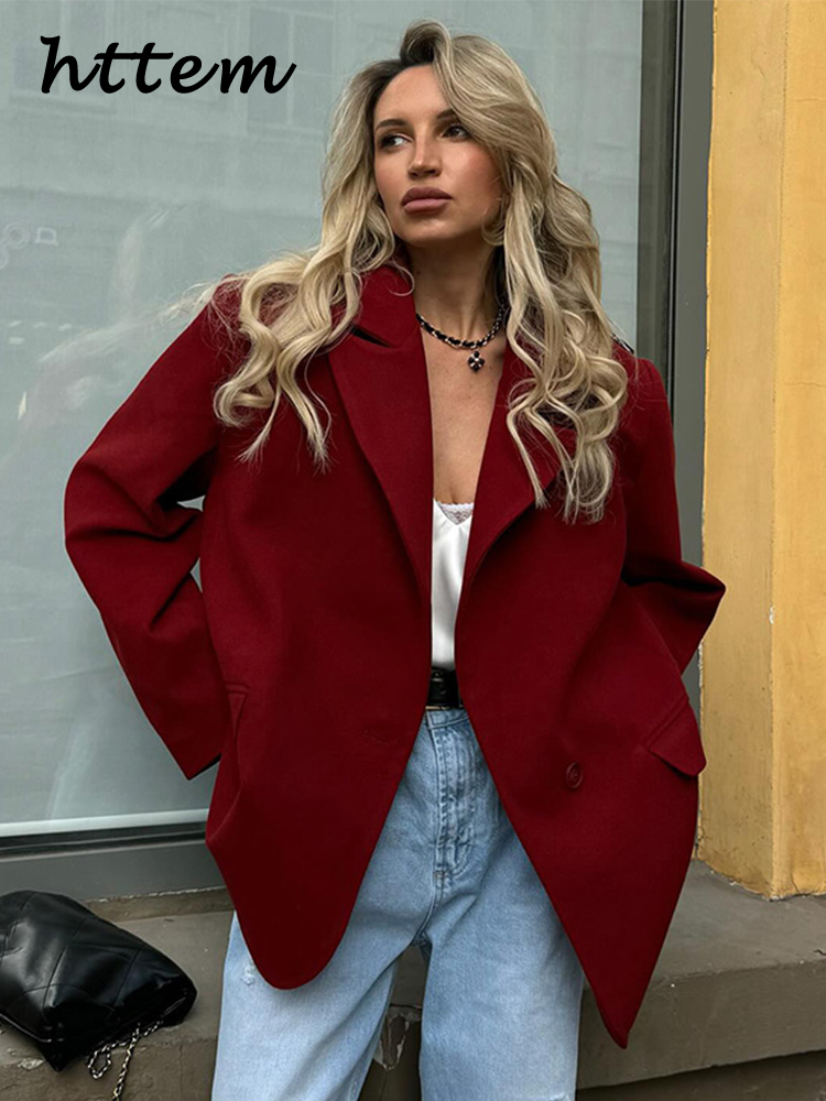 JazzHer Fashion Street Red Suit Coats Women Casual Loose Lapel Full Sleeve Pockets Female Jacket 2024 Autumn Lady Commute Outwear New