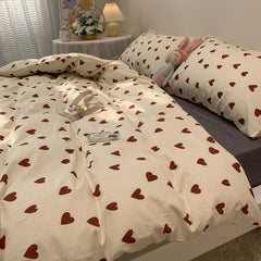 JazzHer Korean Style Bedding Set Kid Adult Twin Full Queen Size Bed Flat Sheet Love Heart Duvet Cover Set Pillowcase Bed Linen No Filler