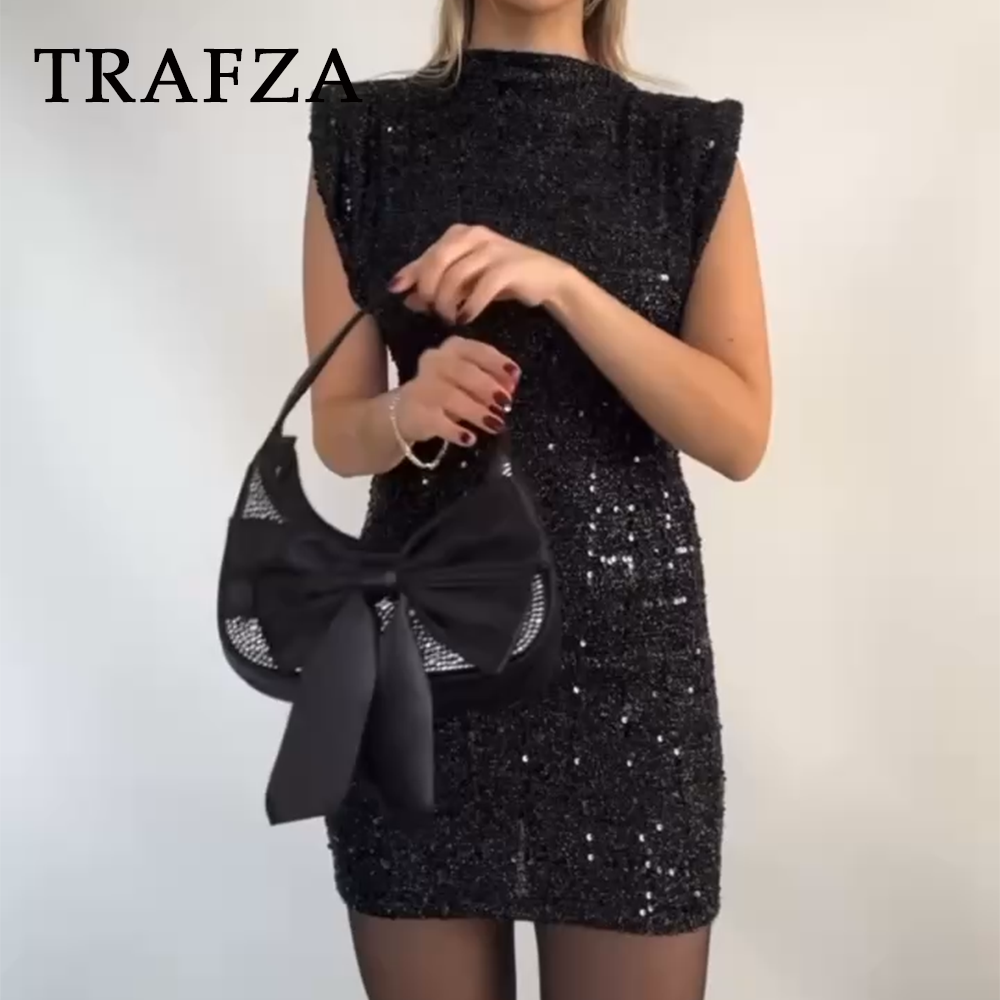 cold weather outfits JazzHer 2024 Women Sequined Party Dress Shoulder Pad Sheath Mini Dress Sleeveless Nightclub Party Women Elegant Chic Dresses