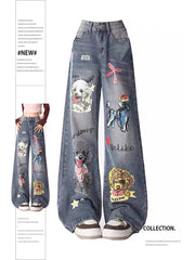 christmas outfit JazzHer Women's Baggy Blue Graphic Print Jeans Vintage Y2k 90s Aesthetic Denim Trousers 2000s Harajuku Wide Cowboy Pants Trashy Clothes