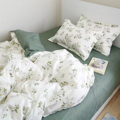 JazzHer Ins Floral Bedding Set Soft Duvet Cover with Zipper No Filler Flat Sheet Pillowcase Cream Green Twin Queen Size Bed Linens