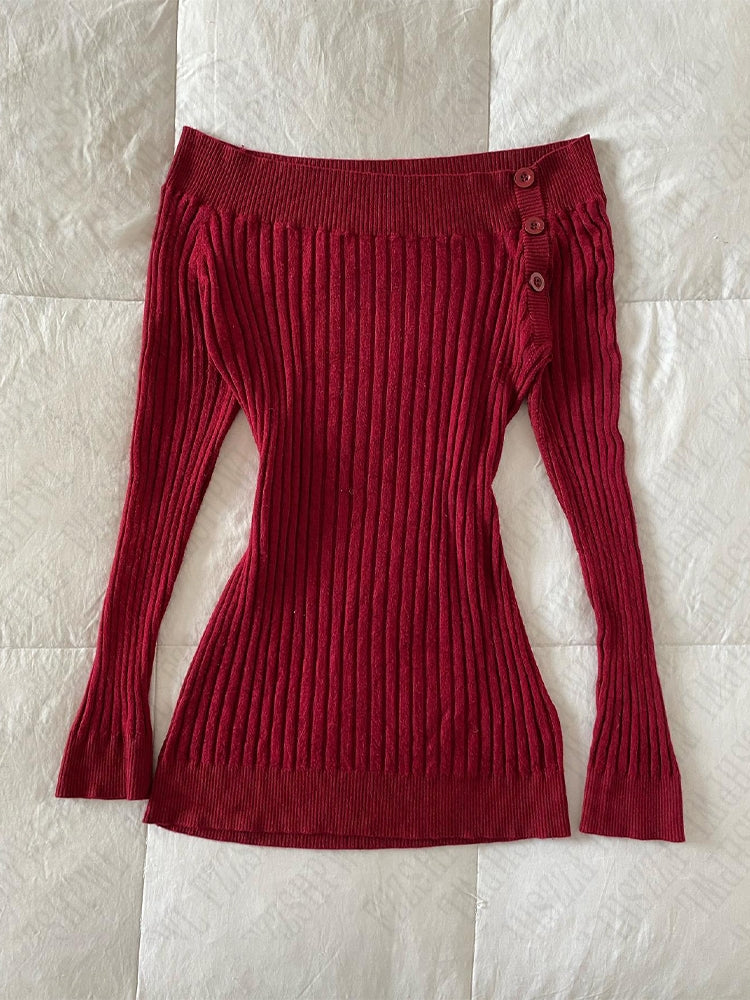 JazzHer Solid Color Chic V-Neck Pullover Casual Harajuku Retro Red Knit Women Sweater Fairy Tale Cute Lace Slim Y2K Emo Girls Streetwear