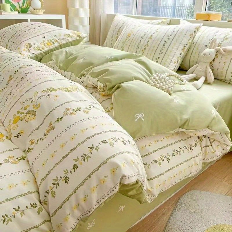 JazzHer White Green Bedding Set Floral Ins Duvet Cover with Zipper No Filler Flat Sheet Pillowcase Twin Queen Size Bed Linens