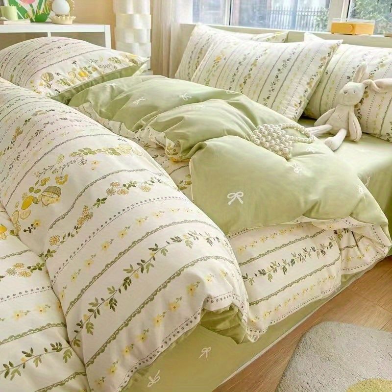 JazzHer Ins Floral Bedding Set Soft Duvet Cover with Zipper No Filler Flat Sheet Pillowcase Cream Green Twin Queen Size Bed Linens