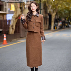 cold weather outfits JazzHer Fashionable Casual Suit Autumn/Winter New PU Leather Patchwork Tweed Style Down Jacket Half Skirt 2-Piece Set Skirt YJ6816