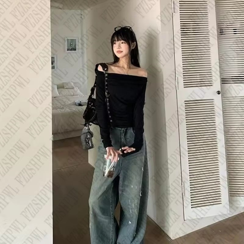 JazzHer Y2k Long sleeve Crop Top One shoulder Harajuku Grunge Goth Pullover Streetwear Hip Hop Baby Tee Retro Fashion Top EMO Sexy Punk