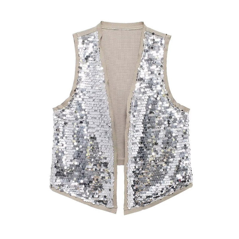 JazzHer Fashion Sequins Vest Mini Skirt Set Women Loose V-neck Sleeveless Vests Zipper Short Skirts 2024 Summer Lady High Street Outfits