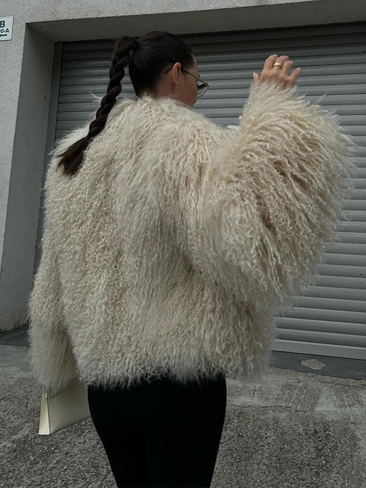 JazzHer Chic Fluffy Faux Fur Women's Warm Cropped Coat Elegant Long Sleeve Thick Thermal Furry Jacket 2024 New Winter Fashion Streetwear