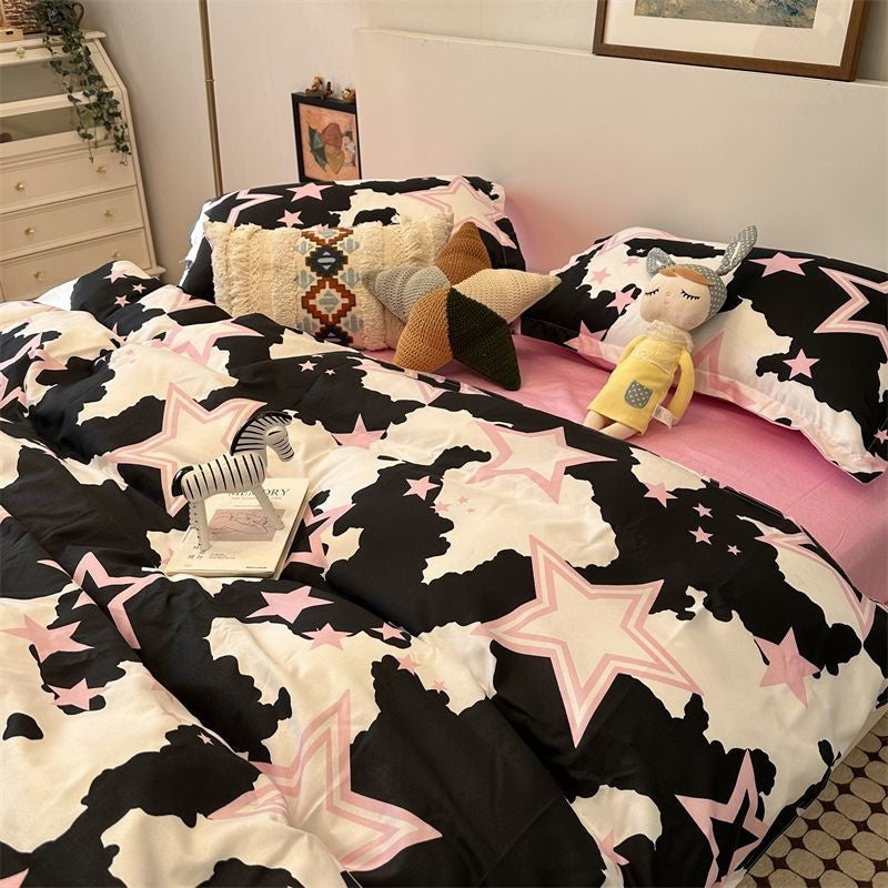 JazzHer Cute Bear Bedding Set Cartoon Floral And Animal Duvet Cover Blue Flat Sheet Soft Polyester Kawaii Queen Full Size Bed Linen