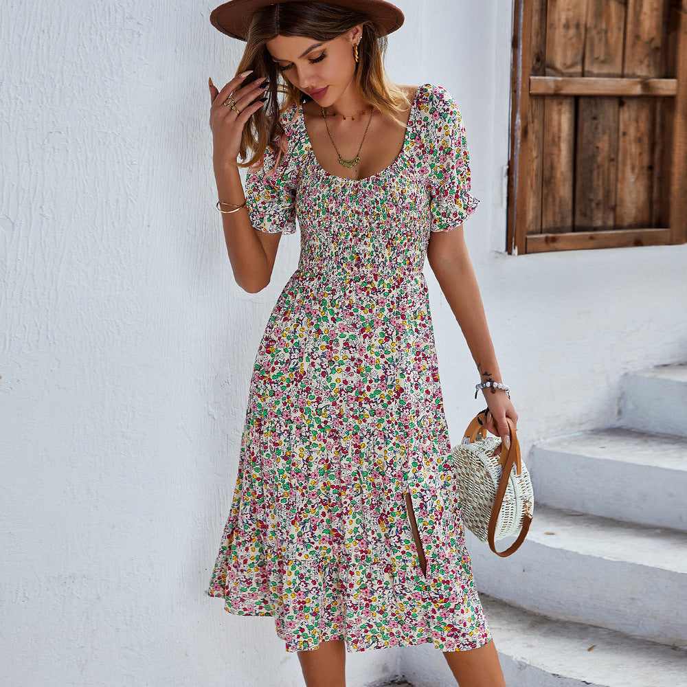 JazzHer Ladies Sexy Vintage Floral Print Boho Summer Dress Women Casual Elastic Bohemian Beach Dress Women Sundress Robe Vestidos Female