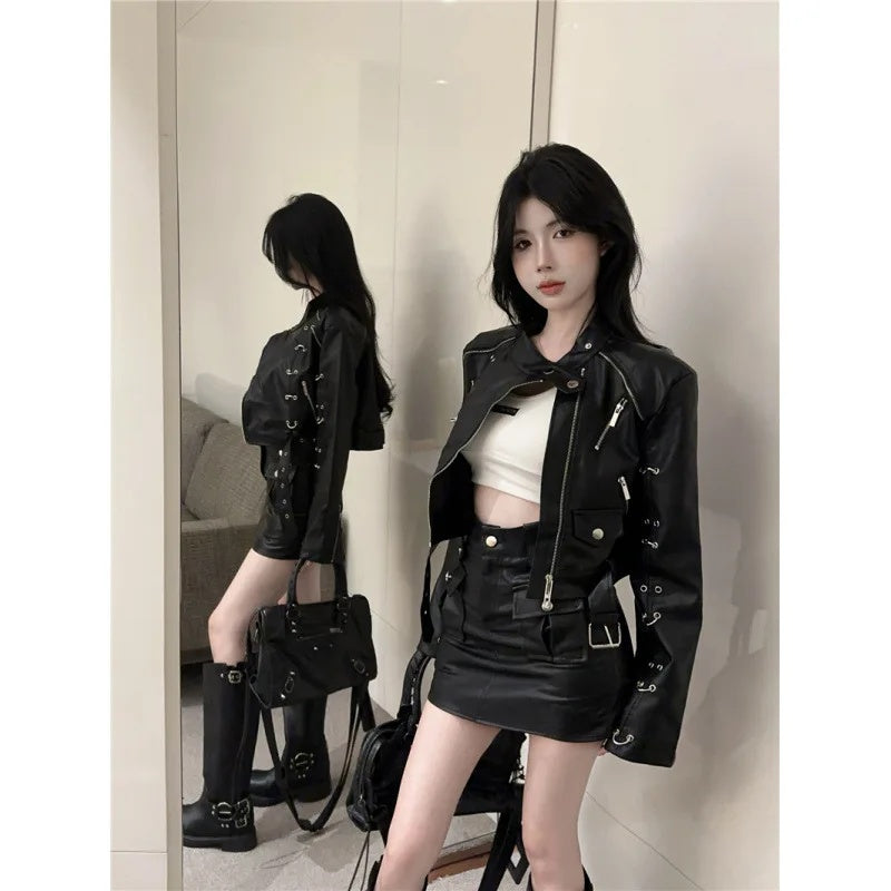 cold weather outfits JazzHer 2024 Autumn New Women's Clothing Harajuku Style Motorcycle Jacket Short Zipper Up Genuine Leather Jacket For Street Wear