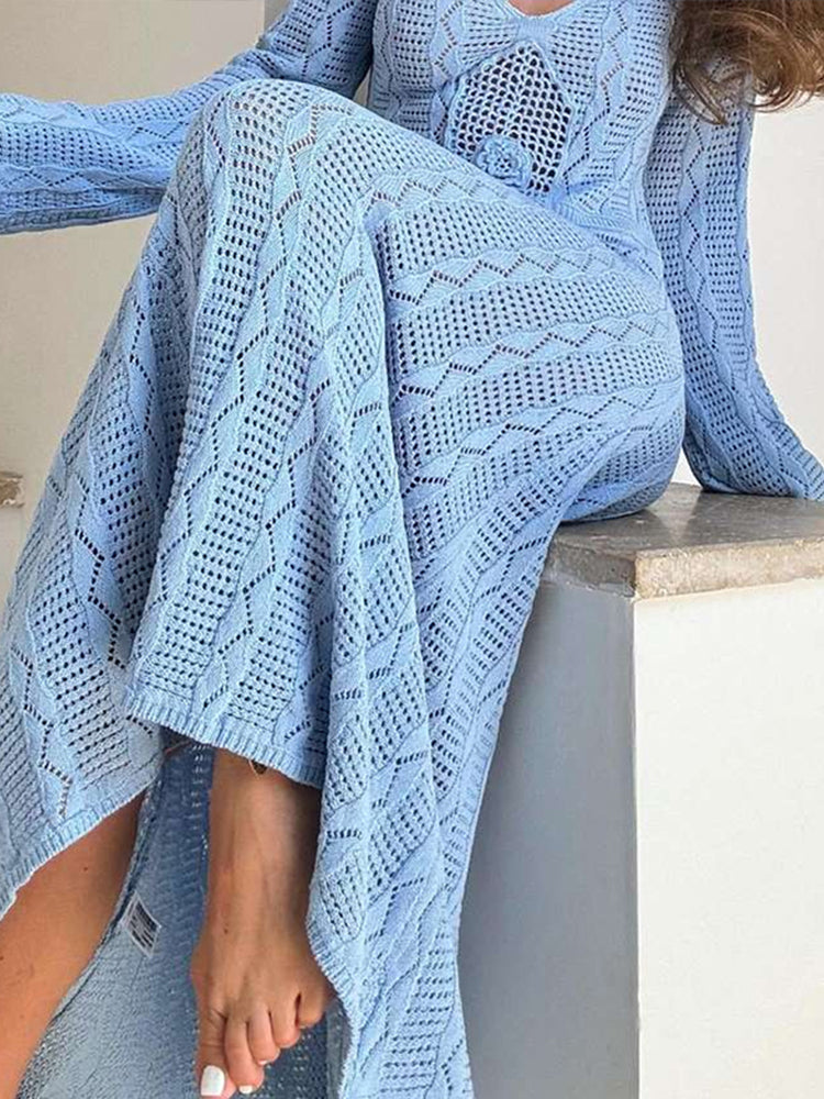 JazzHer Elegant Knit Hollow Out Long Dress Women Loose V-neck Full Sleeves See Through Beach Female Dresses 2024 Summer Lady Beach Robes