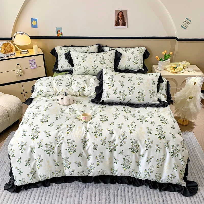 JazzHer New Washed Cotton Edge Three - Four Piece Quilt Set Printed Small Clear Cover Double Bedding Set 180x220 200x230