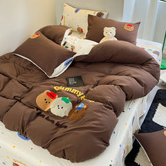 JazzHer Mocha Bear Embroidery Bedding Set Twin Queen Duvet Cover Set Pillowcases for Adult Kids Bed Flat Sheet Cute Quilt Cover Kawaii