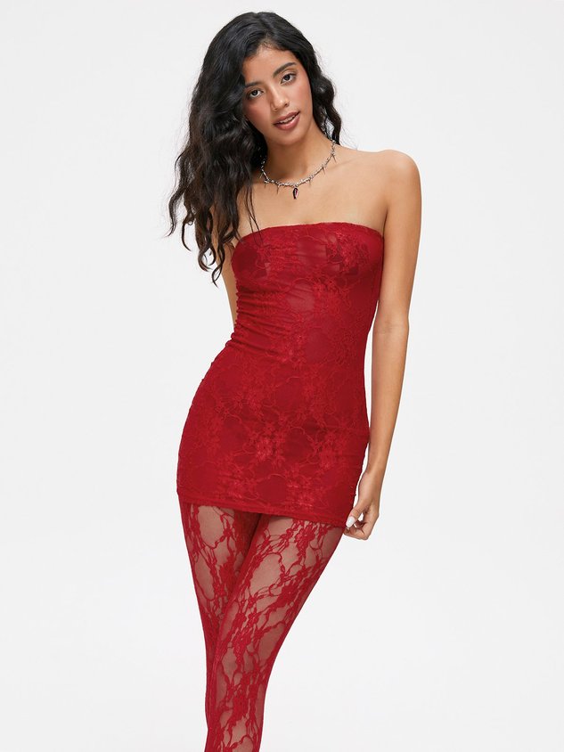 JazzHer 2024 New Lace Mesh Plain Tube Dress With Tights Two-Piece Set