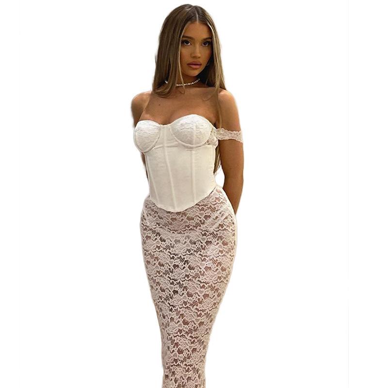 JazzHer 2024 Spring Women's Wear New Style Fashion Sexy Strapless Solid Color Elegant Lace Stitching Dress