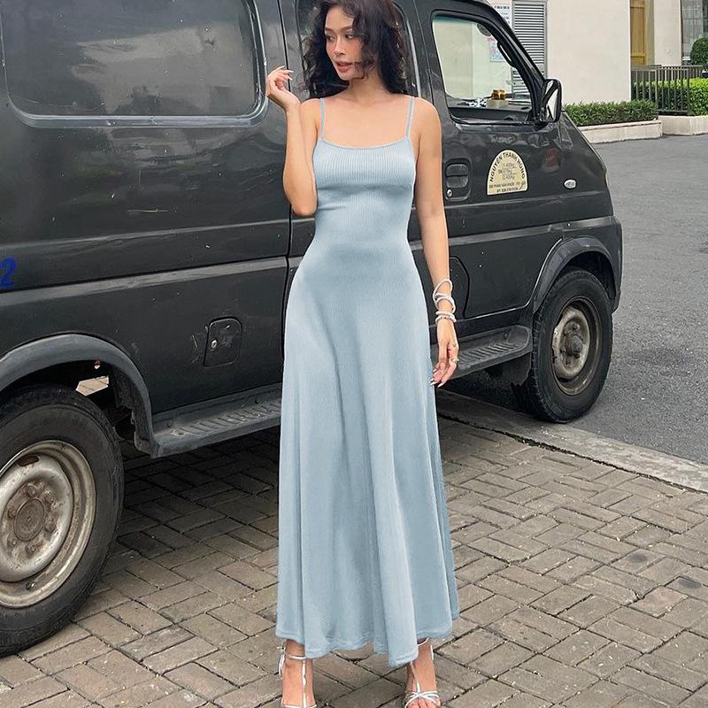 JazzHer Ins Style Hot-selling Elegant All-match Solid Color Street Style Sling Loose Large Swing Skirt Casual Dress Women