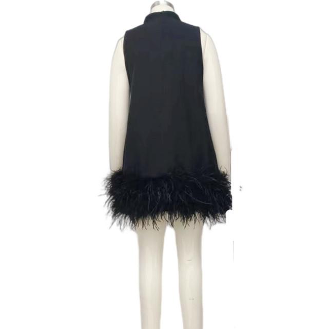 JazzHer Australian Fashion Brand Design Sense Fashion Women's High Sense Spring Elegant Black Ostrich Hair Stitching Dress