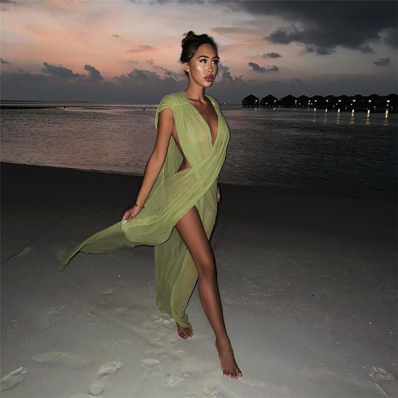 JazzHer 2024 Spring And Summer New Women's Fashion Temptation Sexy Solid Color Deep V-Neck Irregular Dress