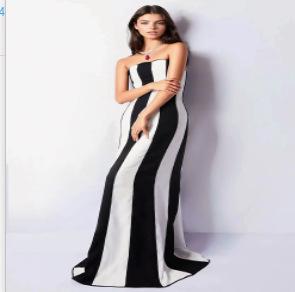 JazzHer Strapless Bandage Dress Women's Hepburn Chest Wrap Skirt Black And White Striped High-end Banquet Dress Daily Wear