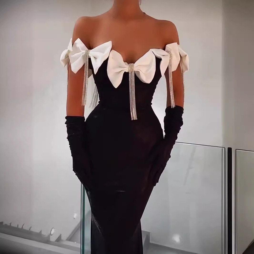 JazzHer Tassel Bow Off-shoulder Black Bandage Dress High-set Temperament Banquet Birthday Evening Dress