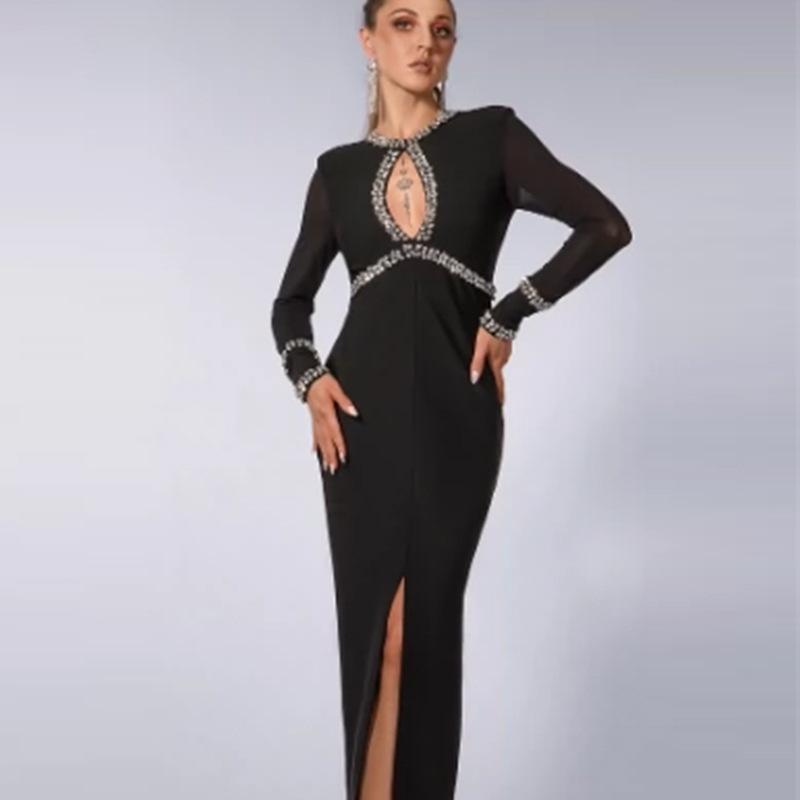 JazzHer Women's High-end Sense 23 Autumn And Winter New Socialite Diamond-encrusted High-set Hollow Waist Bandage Dress French