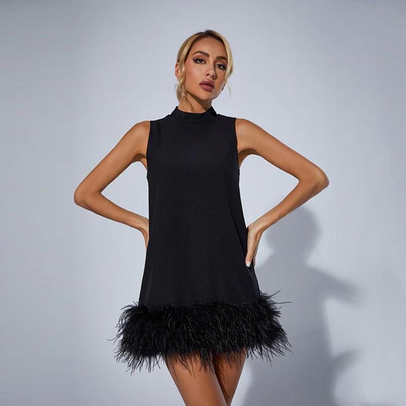 JazzHer Australian Fashion Brand Design Sense Fashion Women's High Sense Spring Elegant Black Ostrich Hair Stitching Dress