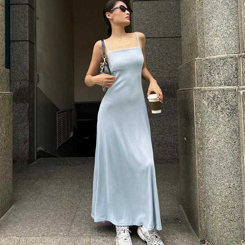 JazzHer Ins Style Hot-selling Elegant All-match Solid Color Street Style Sling Loose Large Swing Skirt Casual Dress Women